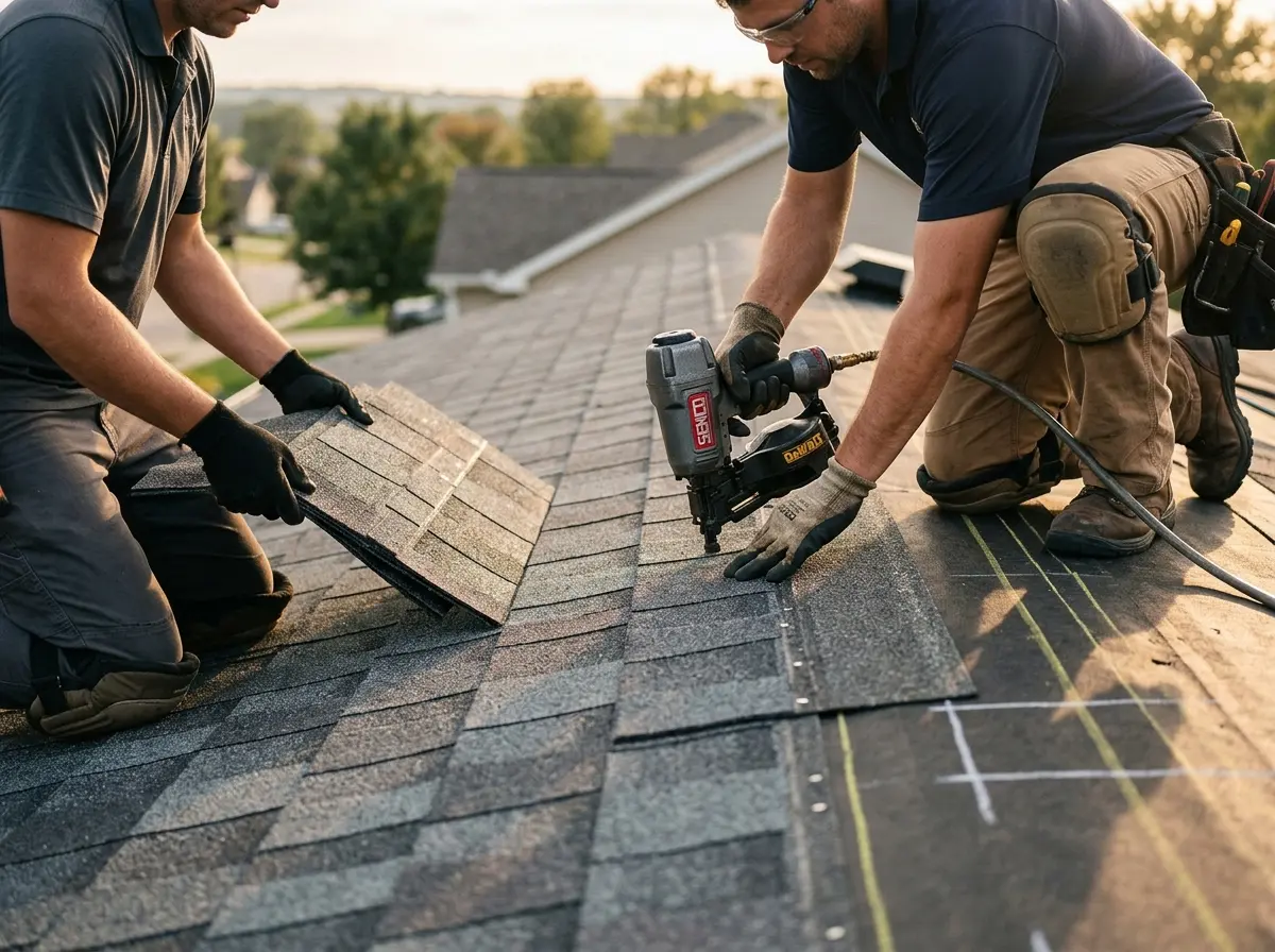 Professional roofer working on a residential roof in Hutchins